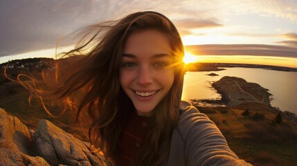 A woman taking a selfie with the sun setting in the background. Generative AI.