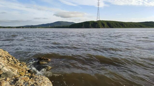 Eastern Bosphorus Strait in Peter the Great Bay of Sea of Japan. View of Elena Island and Russian Island from site of Tokarevsky lighthouse on Muravyov-Amursky Peninsula. Popular place in Vladivostok
