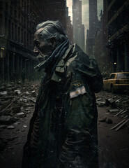 Fototapeta na wymiar Older man, with his weathered face. Leather jacket adorned with patches of flags and shields. Ruined city environment. Concept of survival in a post apocalyptic/war world. Cinematographic photo with v