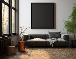 Modern dark home interior background, frame mock up, 3d render