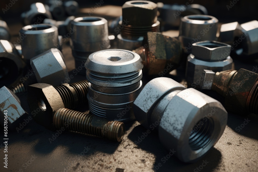Aufkleber a collection of nuts and bolts scattered on the ground. suitable for illustrations related to constr