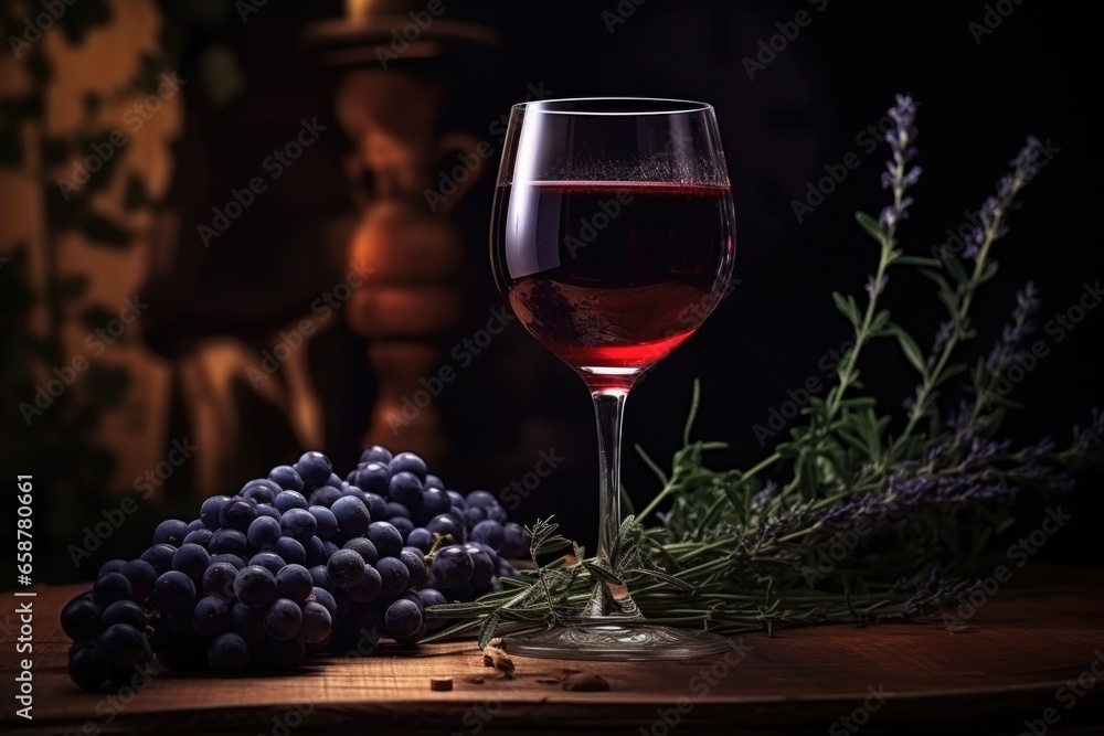 Aufkleber a glass of wine sits next to a bunch of grapes. perfect for wine enthusiasts or for use in wine-rela