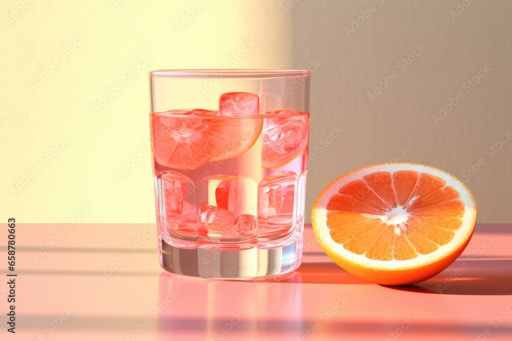 Poster a refreshing glass of water with a slice of orange placed next to it. perfect for promoting hydratio