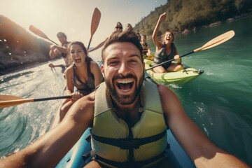 A group of people enjoying a ride on top of a boat. This image can be used to depict leisure, adventure, and team activities. - obrazy, fototapety, plakaty