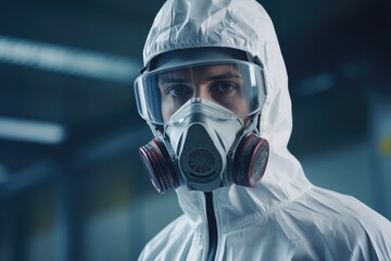 A man wearing a protective suit and gas mask. This image can be used to depict safety precautions, hazardous environments, or post-apocalyptic scenarios.