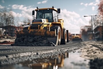 A large yellow bulldozer driving down a road. This image can be used to depict construction, infrastructure, or heavy machinery. .