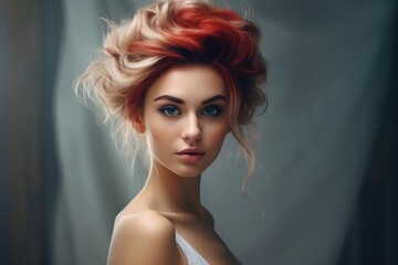 Fototapeta premium A woman with striking red hair and captivating blue eyes. This image can be used to represent beauty, diversity, or individuality.