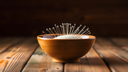 Bowl with acupuncture needles on wooden table - obrazy, fototapety, plakaty