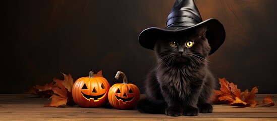 Adorable black cat for Halloween dressed as a witch With copyspace for text