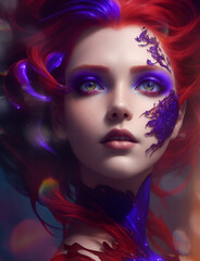 Artistic portrait of a red-haired and white-skinned woman, with accentuated and theatrical makeup and volumetric and cinematic lighting. Creative and beautiful portrait.