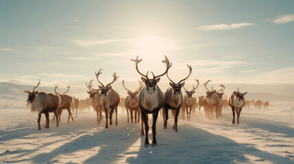 Reindeer against the backdrop of a tundra landscape. - obrazy, fototapety, plakaty
