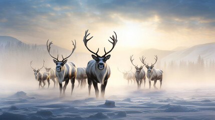 Reindeer against the backdrop of a tundra landscape.