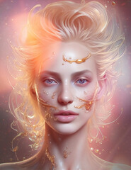 Artistic and super creative portrait of a Caucasian woman with makeup and pale skin. Blonde hair, relaxed look, with fluids and particles flying through the air. Surreal concept, dream image.