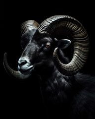 Phlegmatic black ram with curled horns on a black background in profile - obrazy, fototapety, plakaty