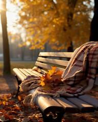 Autumn atmosphere of maple park with bench and blanket