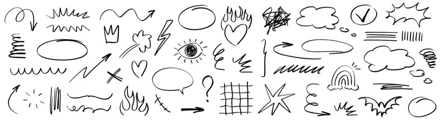Charcoal pen liner doodle texture elements, crown, emphasis arrow, speech bubble, scribble. Handdrawn cute cartoon pencil sketches of decorative icons. Vector illustration of fire, highlight, explosio - 658781484