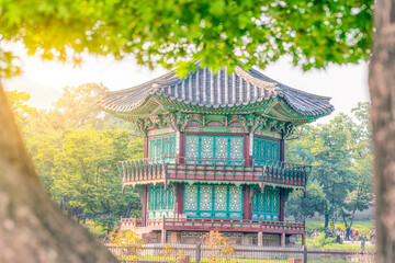 Hyangwonjeong Pavilion Summer Water Pavilion at Gyeongbokgung Palace, Seoul, a landmark of South Korea. - obrazy, fototapety, plakaty