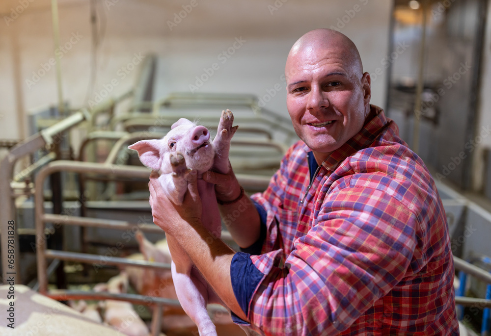 Wall mural Farmer holding cute piglet in pigpen