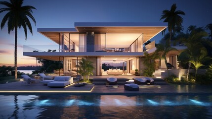 Fototapeta premium An opulent waterfront villa with a sleek modern design, its reflection shimmering in the crystal-clear waters of a private infinity pool