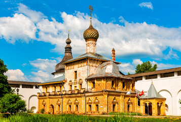 The courtyard in the Kremlin in Rostov the Great and the exterior of the building of the Orthodox Odigitrievskaya Church