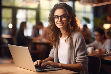 Beautiful young woman working on a laptop computer, illustration for a digital nomad, freelancer or student with computer at coffee place, looking in camera.