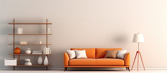 Decorated living space with seating lighting and storage With copyspace for text