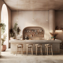 Modern minimal bar with wooden furniture and pal colors. 
