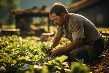 An ethical farmer tending to organic crops in a sunlit field, showcasing sustainable agriculture practices
