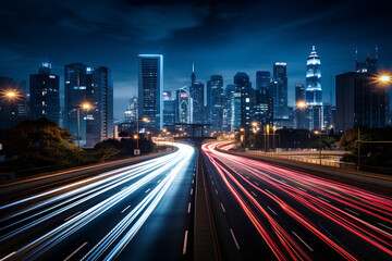 Fototapeta na wymiar The motion blur of a busy urban highway during the evening rush hour. The city skyline serves as the background, illuminated by a sea of headlights and taillights. 