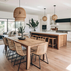 Modern minimal kitchen with wooden furniture  and wicker lamps in boho style.