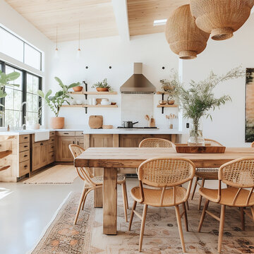 Modern minimal kitchen with wooden furniture  and wicker lamps in boho style.