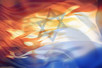 Flag of Israel, illustration of the country's national symbol against a background of fire