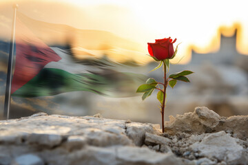 A red rose against the background of the flag of Palestine. Pray for Palestine - obrazy, fototapety, plakaty