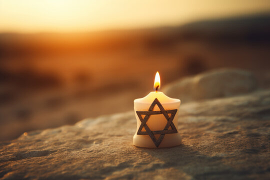 A burning candle with a Star of David on it stands on a rock. Pray for Israel