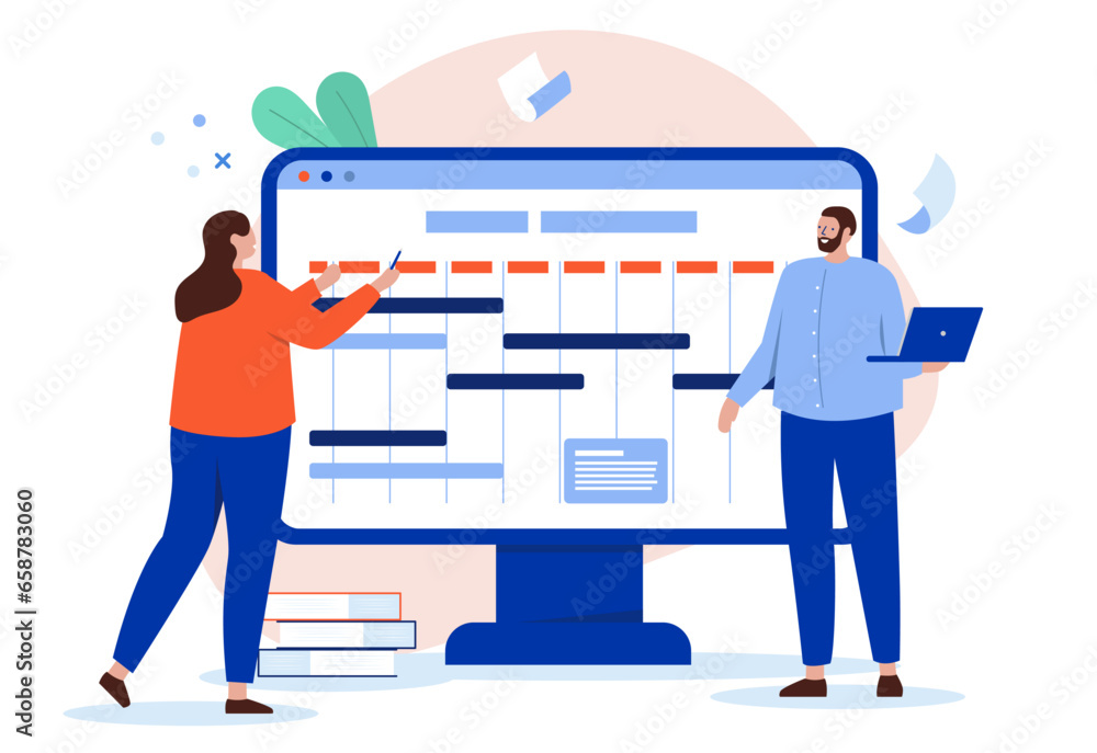 Poster project management - people scheduling tasks in work calendar, planning and organising work week for