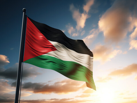 Palestine flag waving in the wind at cloudy sky