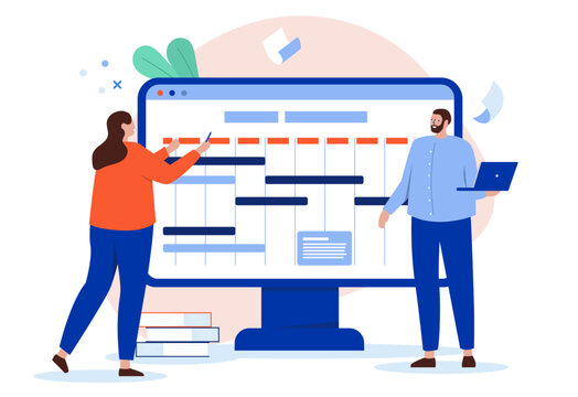 Project management - People scheduling tasks in work calendar, planning and organising work week for office workers to be more productive. Flat design vector illustration with white background