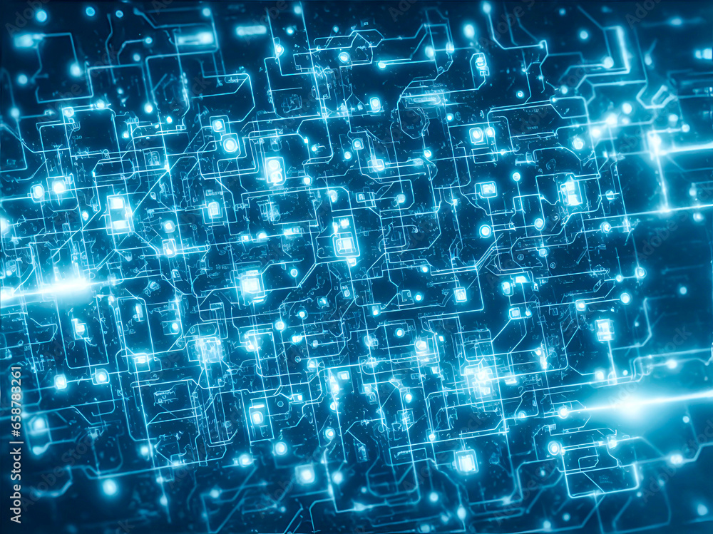 Poster technological blue background with intricate lines and shapes, representing futuristic design and di