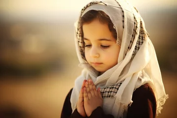 Fotobehang Cute little muslim girl praying on the nature background.  © Anna