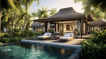 A lavish tropical retreat, surrounded by lush palm trees, with a private beachfront and a luxurious outdoor lounge area