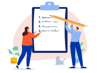 Business steps - People writing bullet point list on white clipboard to plan progress, project goals and development. Flat design vector illustration with white background