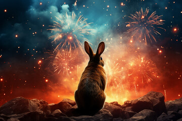 Festive Rabbit Admiring Exploding Fireworks, Celebrating Chinese Year of the Rabbit 2024 - obrazy, fototapety, plakaty