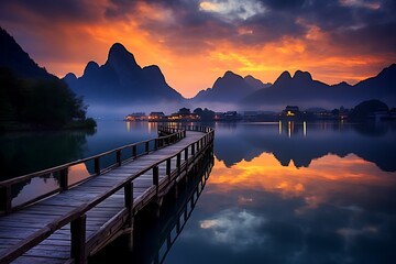 Wooden pier at sunrise, Yangshuo, Guilin, China