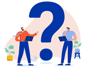 People question - Two office business characters at work standing with big question mark with computers, thinking and wondering. Flat design vector illustration with white background