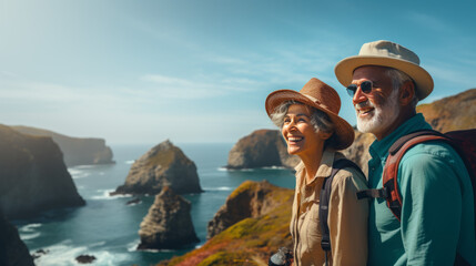 portrait of Senior couple admiring the scenic Pacific coast while hiking, filled with wonder at the beauty of nature during their active retirement