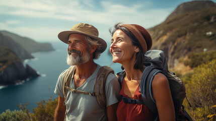 portrait of Senior couple admiring the scenic Pacific coast while hiking, filled with wonder at the beauty of nature during their active retirement