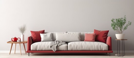 Sleek living room with grey sofa red table and cushions With copyspace for text