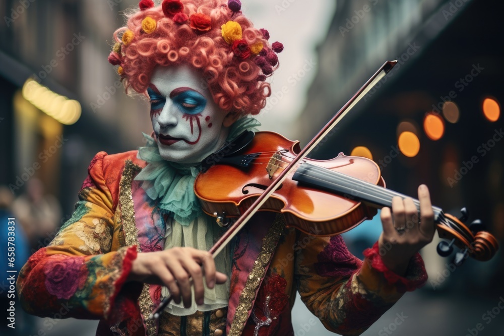 Poster a clown is pictured playing a violin on a busy city street. this image can be used to add a touch of