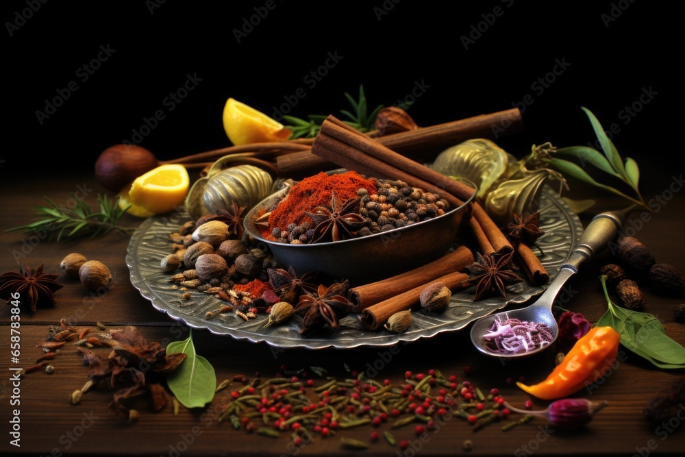 Aufkleber A bowl of various spices displayed on a rustic wooden table. This versatile image can be used to add flavor and warmth to any culinary or food-related project.