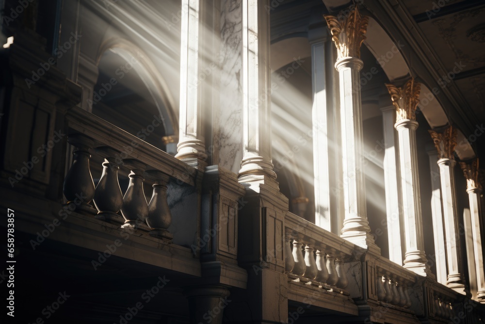 Poster Sunlight filters through the windows of a building, creating a warm and inviting atmosphere. Ideal for illustrating natural light, architecture, and the concept of illumination in various contexts.